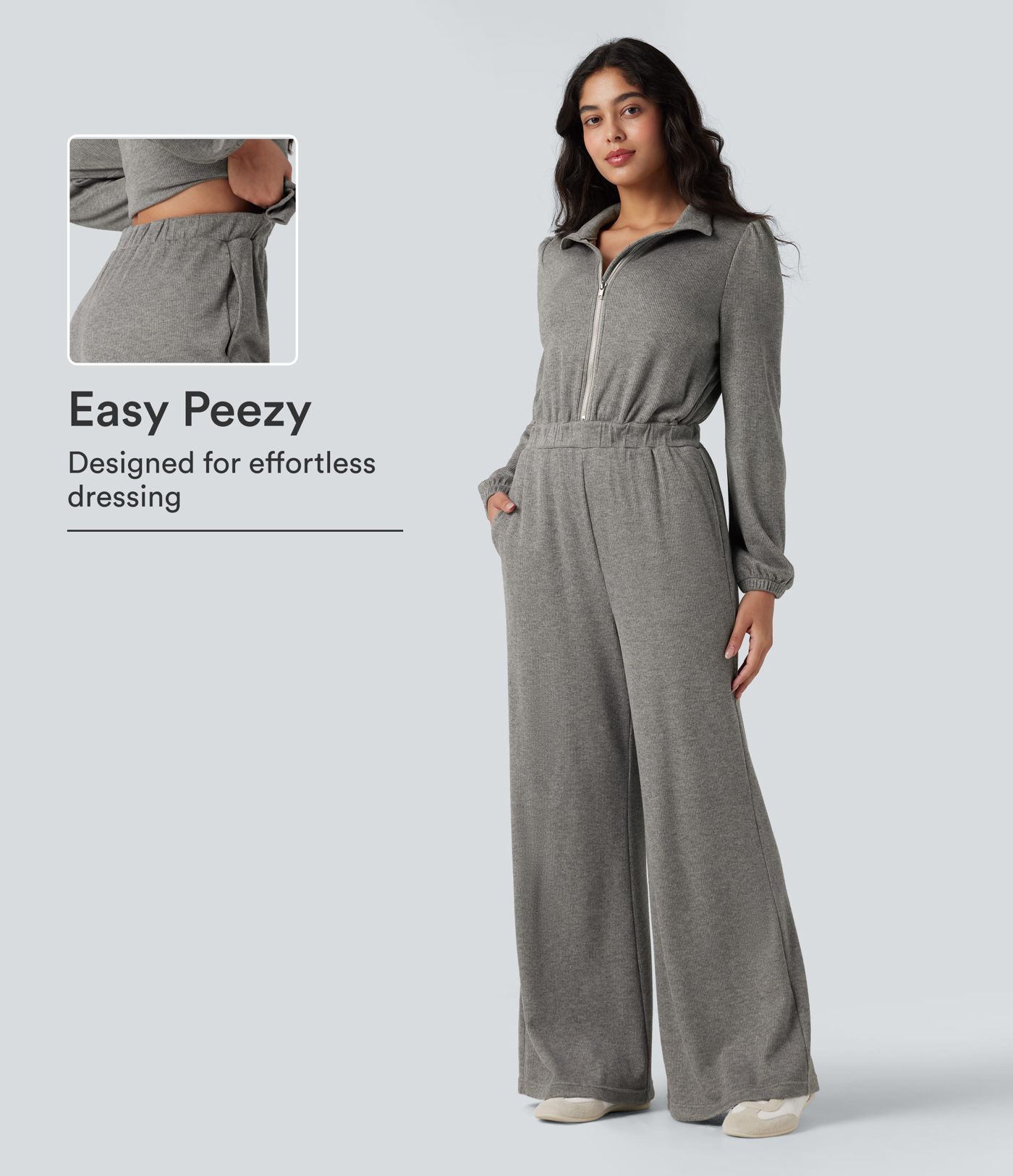 Combinaison décontractée à demi-fermeture éclair, manches longues et jambes larges, avec poches — Édition Easy Peezy Combinaison décontractée à demi-fermeture éclair, manches longues et jambes larges, avec poches — Édition Easy Peezy
