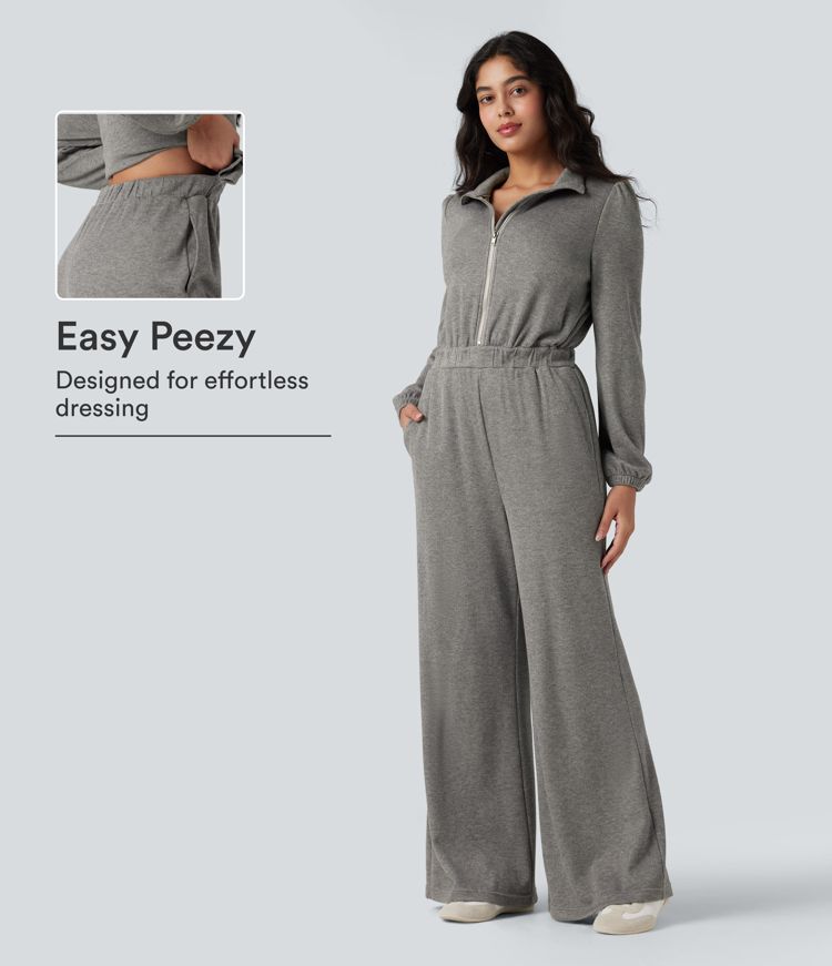 Combinaison décontractée à demi-fermeture éclair, manches longues et jambes larges, avec poches — Édition Easy Peezy Combinaison décontractée à demi-fermeture éclair, manches longues et jambes larges, avec poches — Édition Easy Peezy
