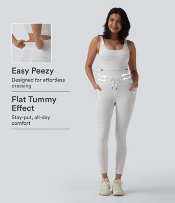 Combinaison de yoga rayée à encolure en U avec découpe, cordon de serrage, maintien abdominal et poches - Édition Easy Peezy