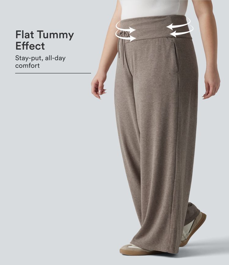 Plus Size Ribbed Knit High Waisted Tummy Control Drawstring Wide Leg Casual Pants with Pockets Plus Size Ribbed Knit High Waisted Tummy Control Drawstring Wide Leg Casual Pants with Pockets