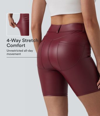 Shorts biker décontractés à taille haute en PU extensible 7'' avec poches