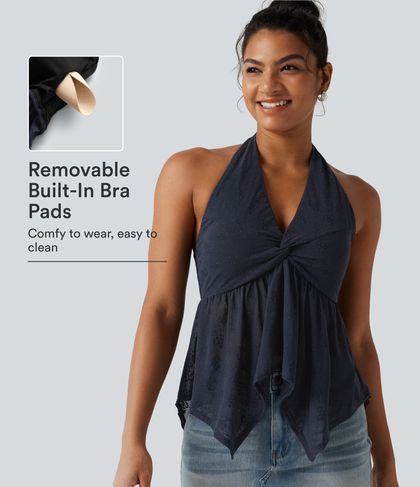 Halter Backless Ruffle Hem Built-in Bra Casual Lace Blouse Halter Backless Ruffle Hem Built-in Bra Casual Lace Blouse