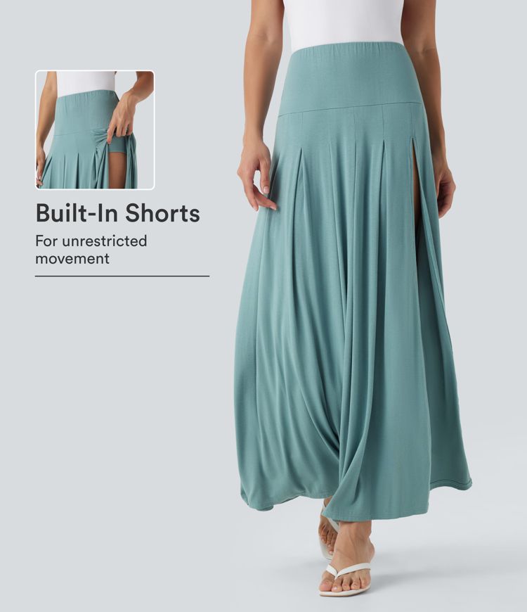 High Waisted Draped 2-in-1 Maxi Casual Skirt