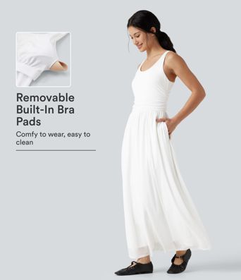 U-Neck Sleeveless Mesh Overlay Built-in Bra Maxi Casual Flowy Dress with Pockets U-Neck Sleeveless Mesh Overlay Built-in Bra Maxi Casual Flowy Dress with Pockets