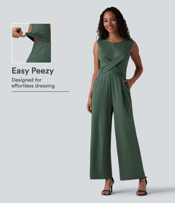 Round Neck Sleeveless Crossover Waist Work Straight-leg Jumpsuit with Pockets-Easy Peezy