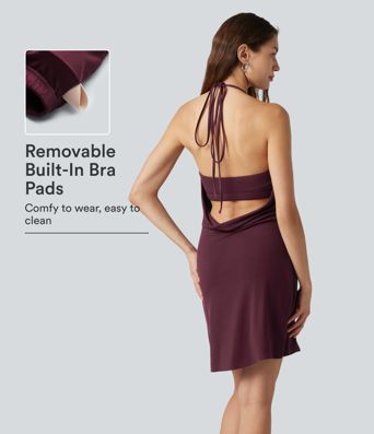 Rückenfreies, geripptes Minikleid mit Neckholder, Wasserfallausschnitt und integriertem BH