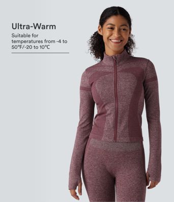 OneForm Seamless Flow Stehkragenjacke mit Reißverschluss, langen Ärmeln und Daumenloch – wärmende Yogajacke OneForm Seamless Flow Stehkragenjacke mit Reißverschluss, langen Ärmeln und Daumenloch – wärmende Yogajacke