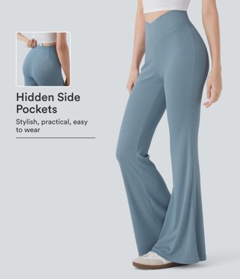 Ribbed Knit Crossover High Waisted Casual Flare Pants with Pocket