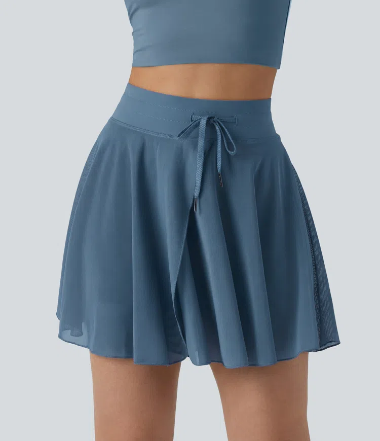 High Waisted Drawstring Contrast Mesh 2-in-1 Pocket Flowy Mini Flare Casual Skirt-Longer Length