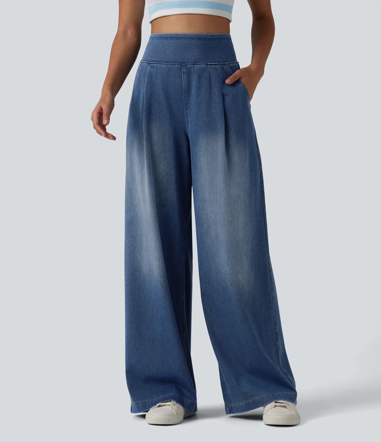 Halara Flex™ High Waisted Wide Leg Washed Casual Jeans with Pockets Halara Flex™ High Waisted Wide Leg Washed Casual Jeans with Pockets