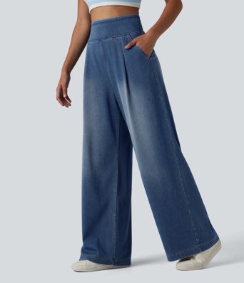 Halara Flex™ High Waisted Wide Leg Washed Casual Jeans with Pockets Halara Flex™ High Waisted Wide Leg Washed Casual Jeans with Pockets