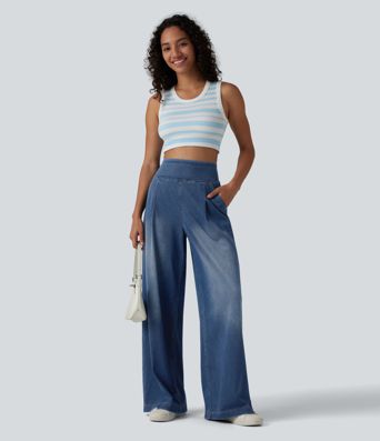 Halara Flex™ High Waisted Wide Leg Washed Casual Jeans with Pockets Halara Flex™ High Waisted Wide Leg Washed Casual Jeans with Pockets