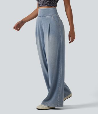 Halara Flex™ High Waisted Wide Leg Washed Casual Jeans with Pockets