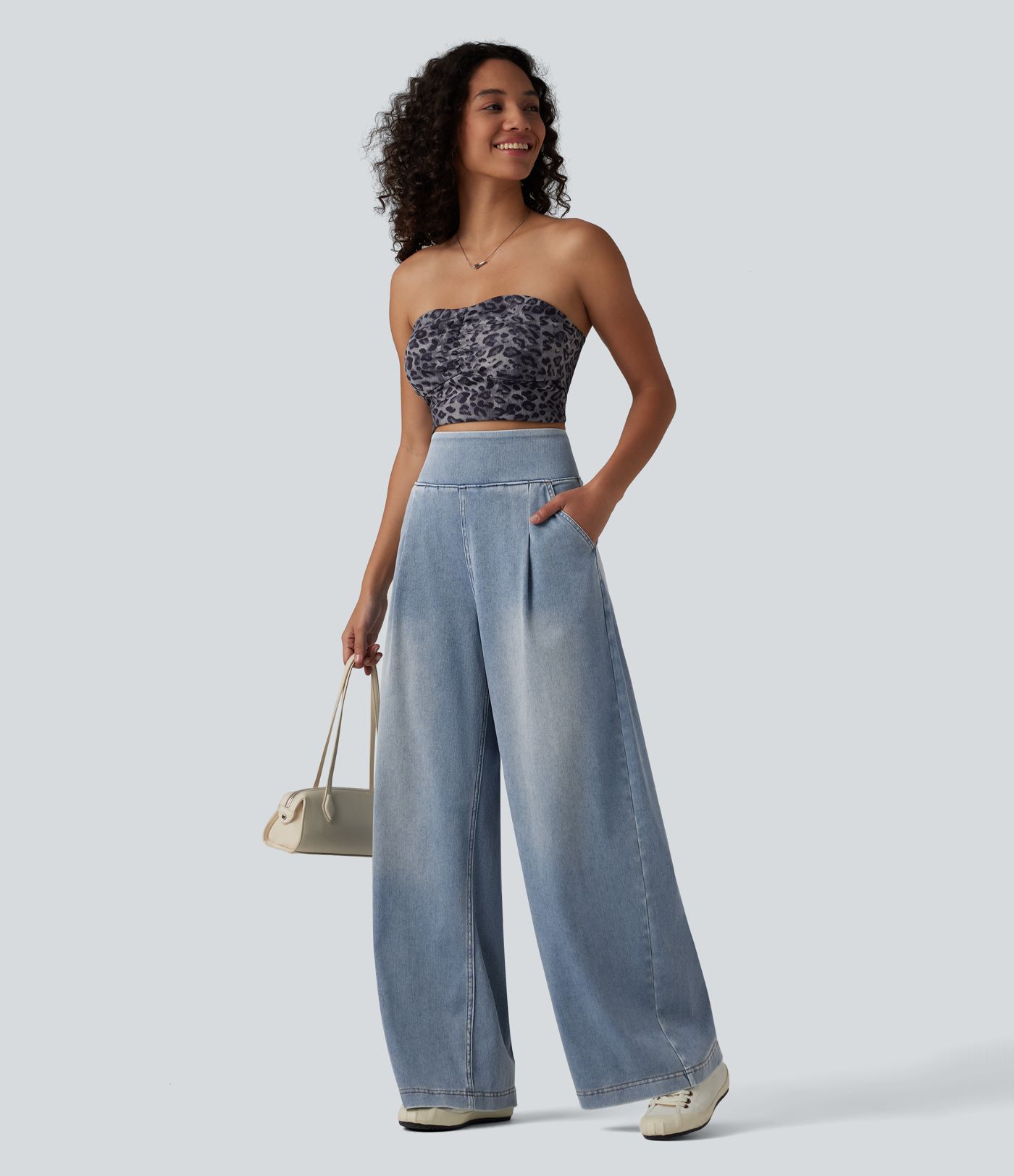 Halara Flex™ High Waisted Wide Leg Washed Casual Jeans with Pockets