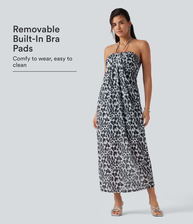 Halter Tie Back Built-in Bra Leopard Print Maxi Dress Halter Tie Back Built-in Bra Leopard Print Maxi Dress