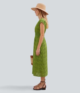 Deep V Neck Short Sleeve Shirred Embroidery Midi Casual Dress