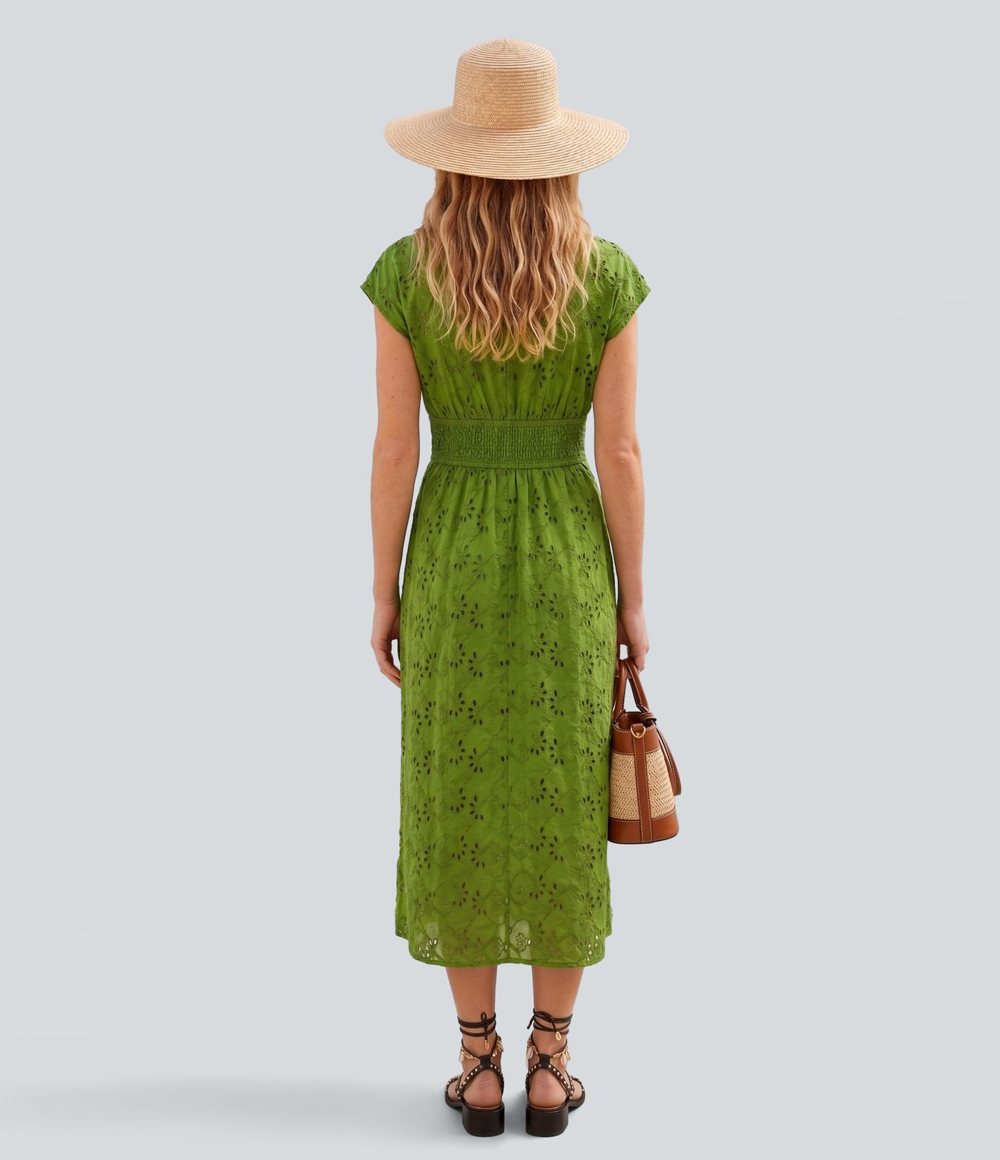 Deep V Neck Short Sleeve Shirred Embroidery Midi Casual Dress
