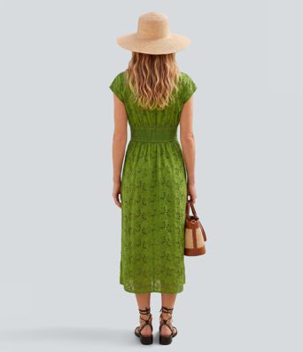 Deep V Neck Short Sleeve Shirred Embroidery Midi Casual Dress