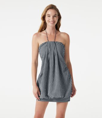 Vestido resort micro-mini de cuadros vichy, bodycon, con sujetador incorporado y cierre halter con lazada en la espalda