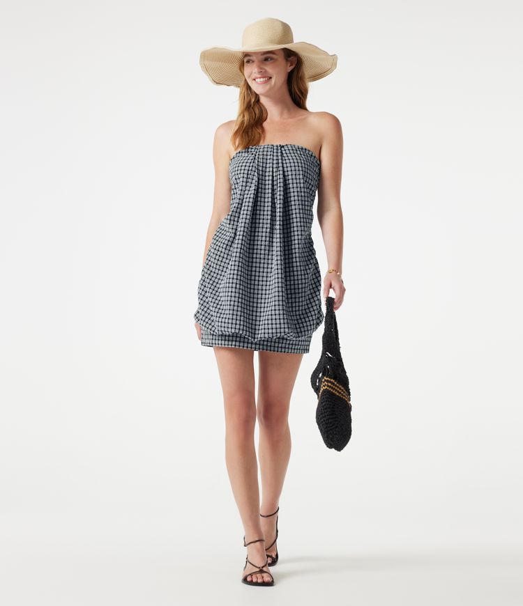 Vestido resort micro-mini de cuadros vichy, bodycon, con sujetador incorporado y cierre halter con lazada en la espalda