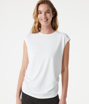 Round Neck Cap Sleeve Ruched Casual T-Shirt