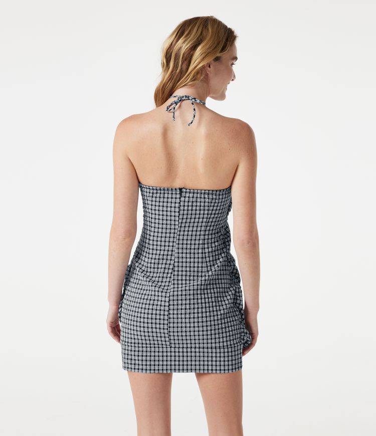 Vestido resort micro-mini de cuadros vichy, bodycon, con sujetador incorporado y cierre halter con lazada en la espalda