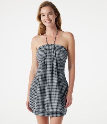 Vestido resort micro-mini de cuadros vichy, bodycon, con sujetador incorporado y cierre halter con lazada en la espalda