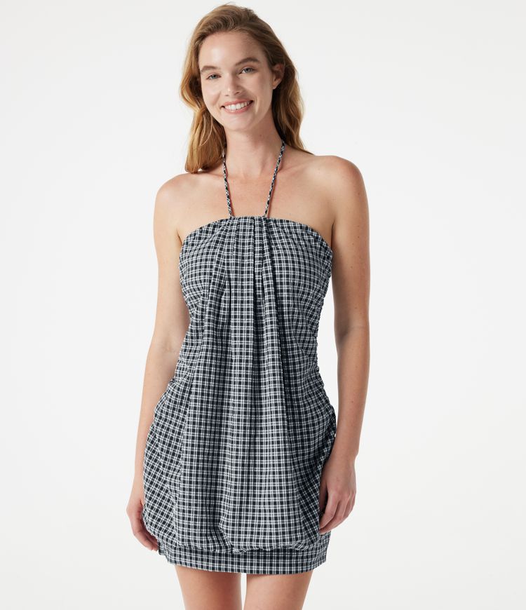 Vestido resort micro-mini de cuadros vichy, bodycon, con sujetador incorporado y cierre halter con lazada en la espalda