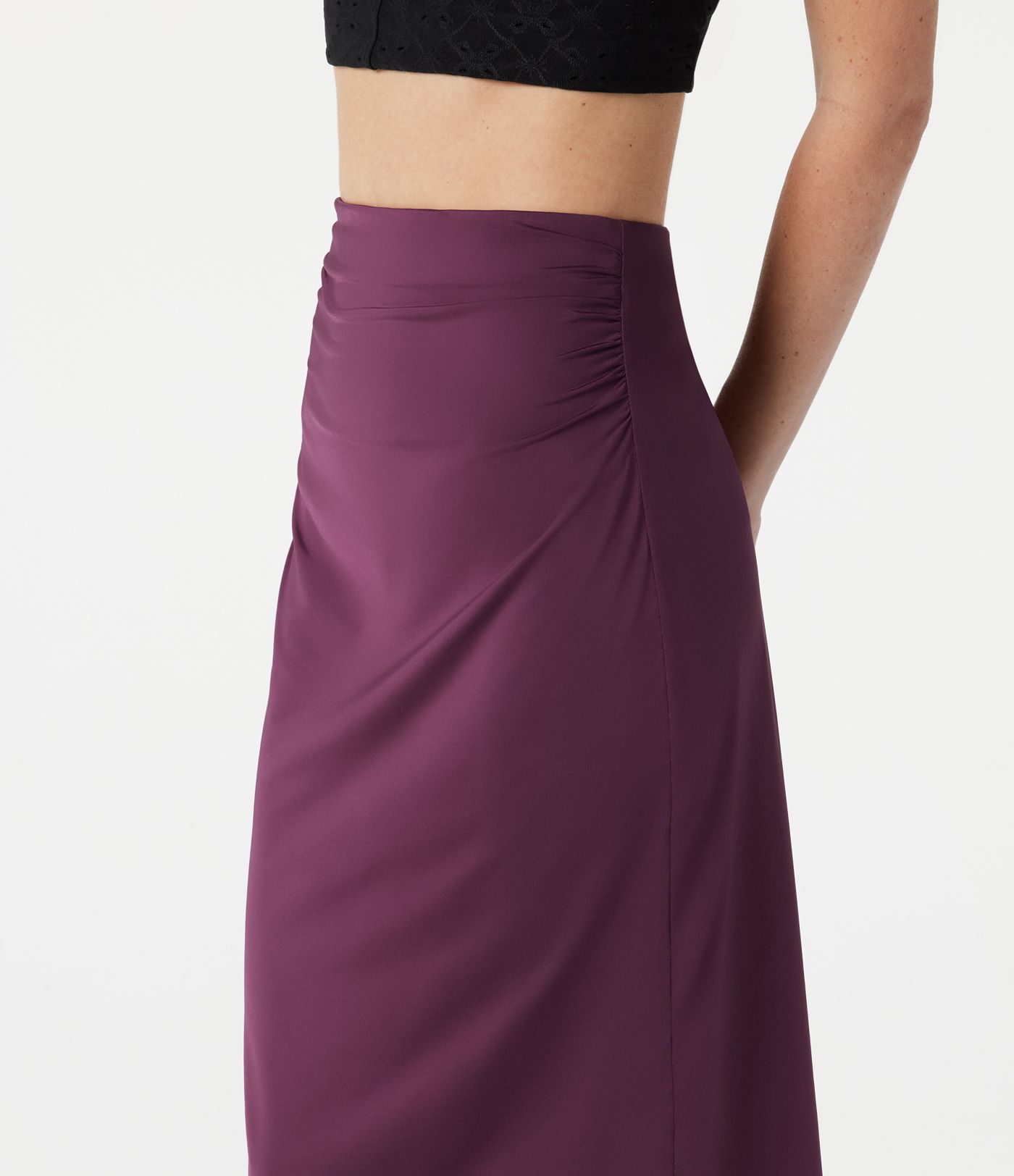 High Waisted Ruched Stretchy Satin-Like Cool Touch Midi Casual Pencil Skirt