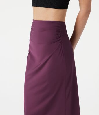 High Waisted Ruched Stretchy Satin-Like Cool Touch Midi Casual Pencil Skirt