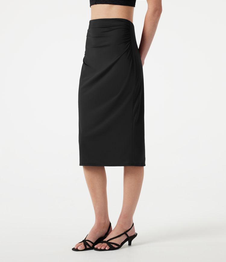 High Waisted Ruched Stretchy Satin-Like Cool Touch Midi Casual Pencil Skirt High Waisted Ruched Stretchy Satin-Like Cool Touch Midi Casual Pencil Skirt