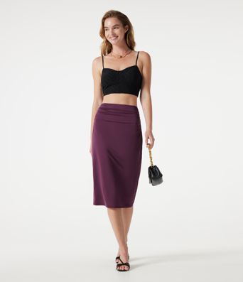 High Waisted Ruched Stretchy Satin-Like Cool Touch Midi Casual Pencil Skirt