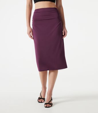 High Waisted Ruched Stretchy Satin-Like Cool Touch Midi Casual Pencil Skirt