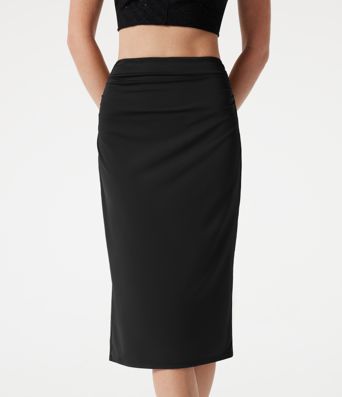 High Waisted Ruched Stretchy Satin-Like Cool Touch Midi Casual Pencil Skirt High Waisted Ruched Stretchy Satin-Like Cool Touch Midi Casual Pencil Skirt