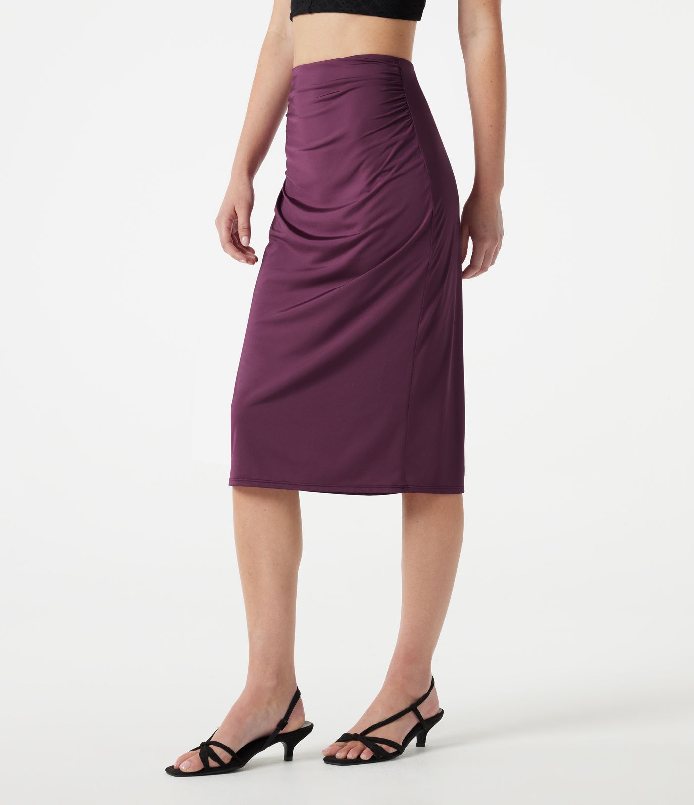 High Waisted Ruched Stretchy Satin-Like Cool Touch Midi Casual Pencil Skirt