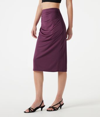 High Waisted Ruched Stretchy Satin-Like Cool Touch Midi Casual Pencil Skirt