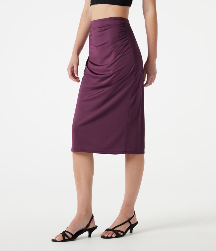 High Waisted Ruched Stretchy Satin-Like Cool Touch Midi Casual Pencil Skirt