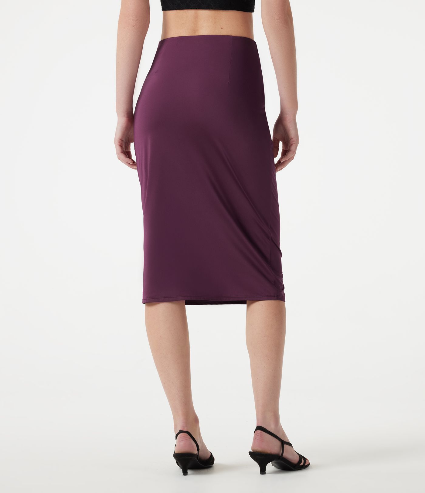 High Waisted Ruched Stretchy Satin-Like Cool Touch Midi Casual Pencil Skirt