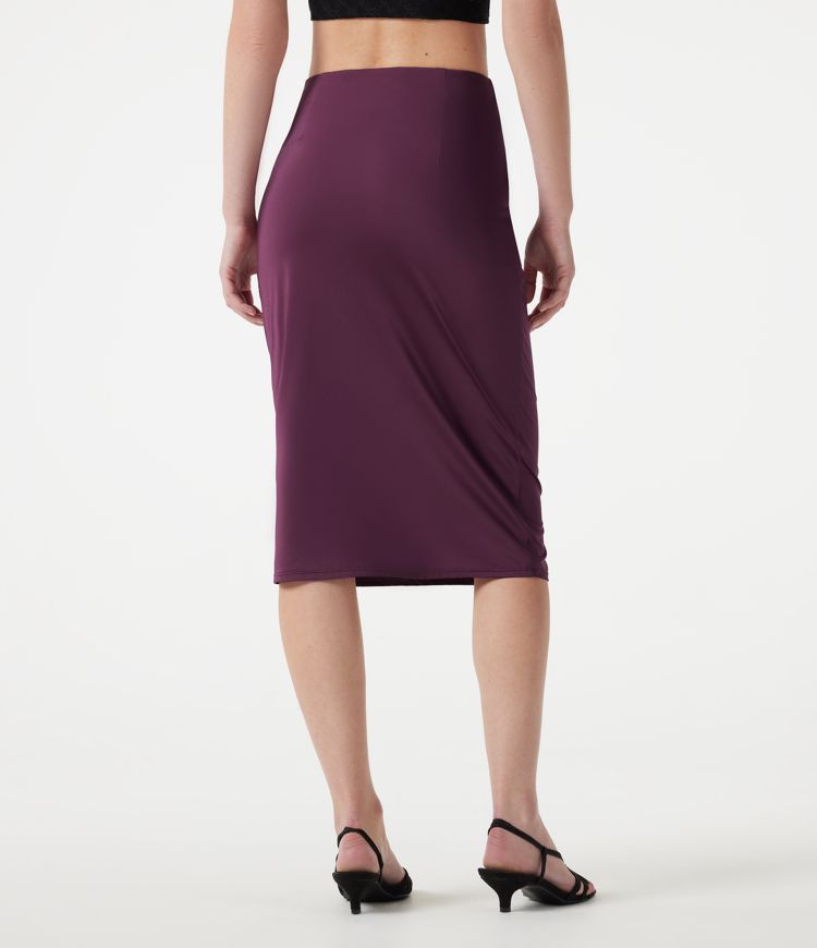 High Waisted Ruched Stretchy Satin-Like Cool Touch Midi Casual Pencil Skirt