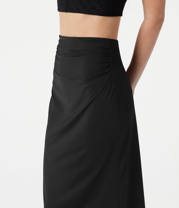 High Waisted Ruched Stretchy Satin-Like Cool Touch Midi Casual Pencil Skirt High Waisted Ruched Stretchy Satin-Like Cool Touch Midi Casual Pencil Skirt
