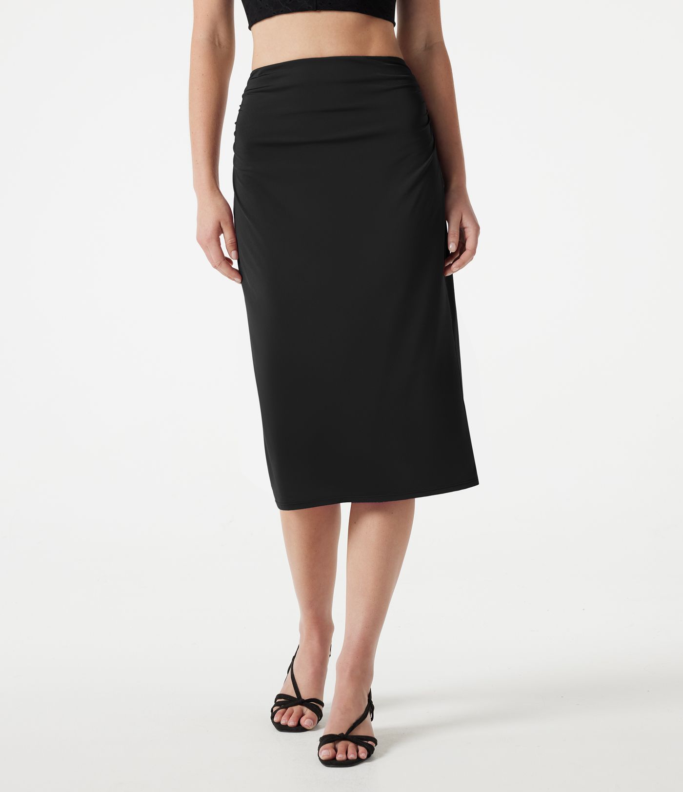 High Waisted Ruched Stretchy Satin-Like Cool Touch Midi Casual Pencil Skirt High Waisted Ruched Stretchy Satin-Like Cool Touch Midi Casual Pencil Skirt