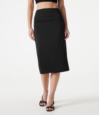 High Waisted Ruched Stretchy Satin-Like Cool Touch Midi Casual Pencil Skirt High Waisted Ruched Stretchy Satin-Like Cool Touch Midi Casual Pencil Skirt