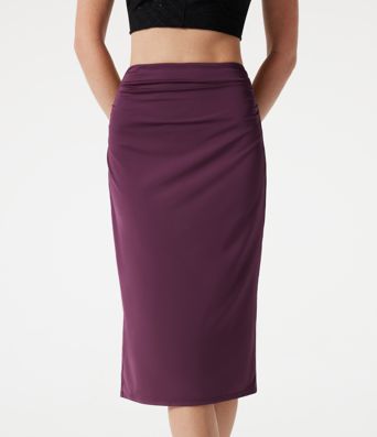 High Waisted Ruched Stretchy Satin-Like Cool Touch Midi Casual Pencil Skirt