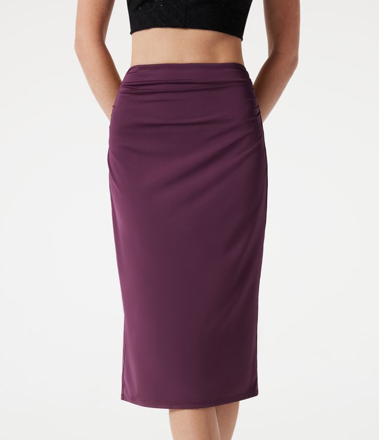 High Waisted Ruched Stretchy Satin-Like Cool Touch Midi Casual Pencil Skirt