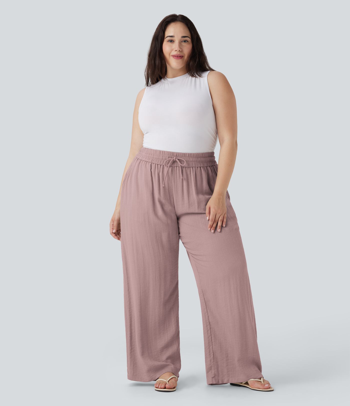 Pantalon décontracté grande taille large fluide taille haute effet lin avec cordon de serrage et poches