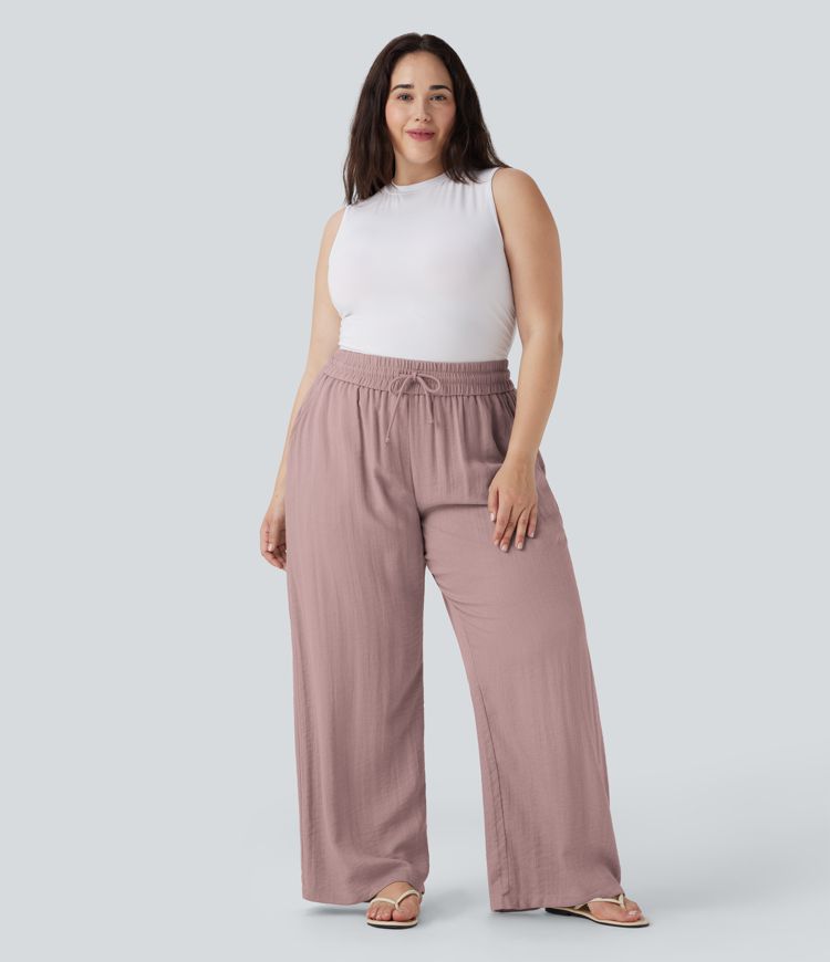 Pantalon décontracté grande taille large fluide taille haute effet lin avec cordon de serrage et poches