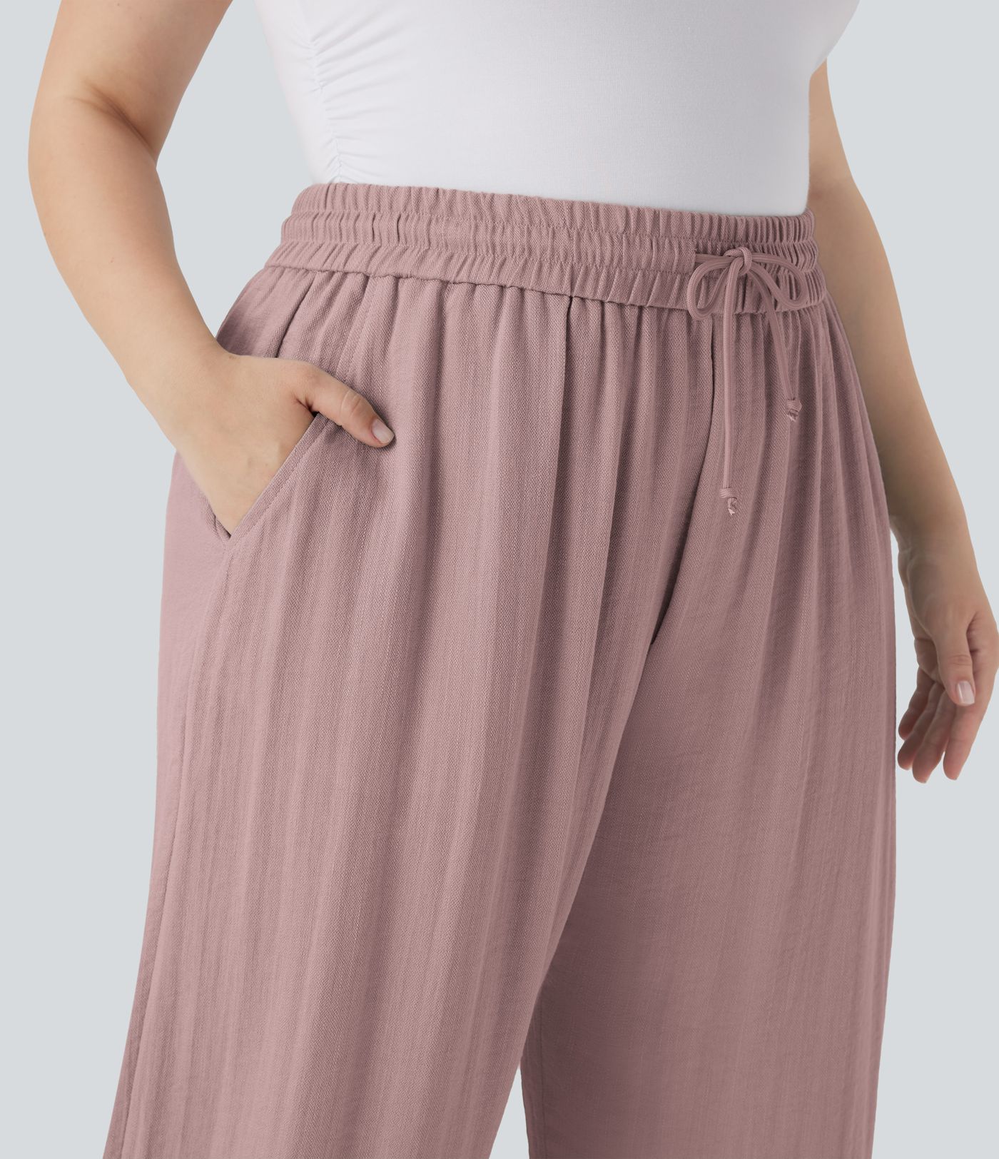 Pantalon décontracté grande taille large fluide taille haute effet lin avec cordon de serrage et poches