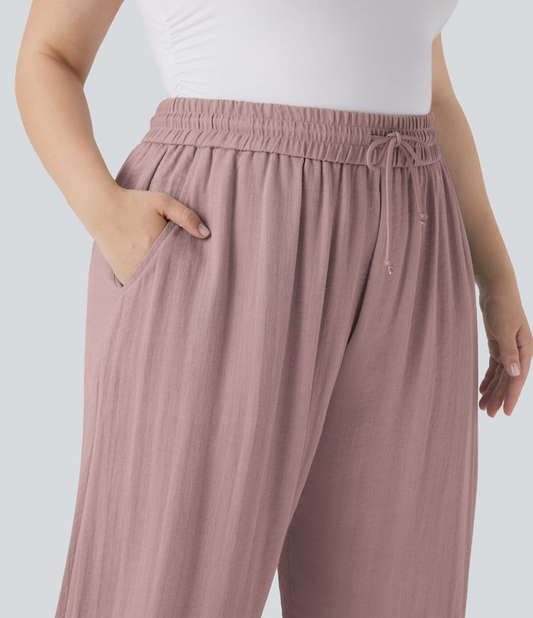Pantalon décontracté grande taille large fluide taille haute effet lin avec cordon de serrage et poches