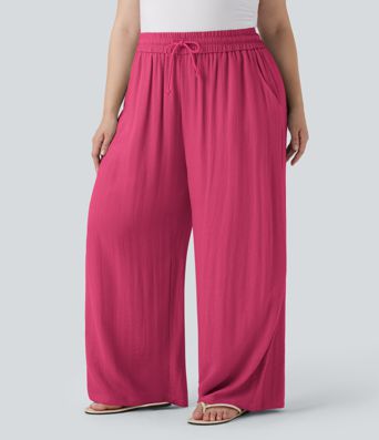 Pantalon décontracté grande taille large fluide taille haute effet lin avec cordon de serrage et poches Pantalon décontracté grande taille large fluide taille haute effet lin avec cordon de serrage et poches