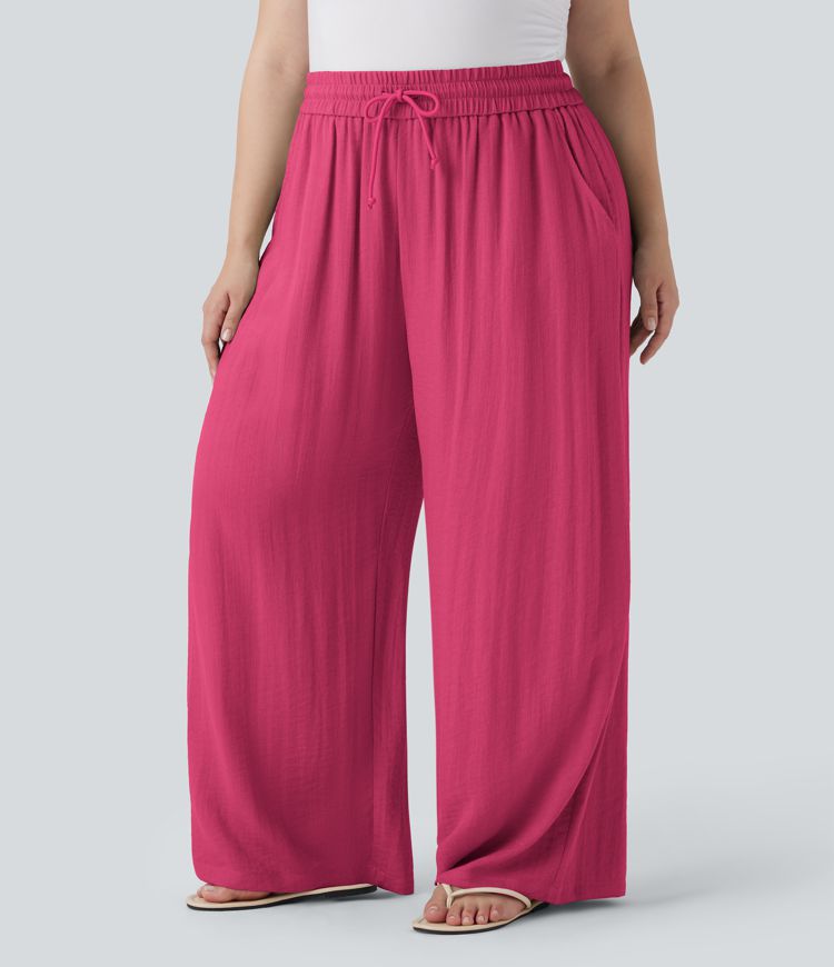 Pantalon décontracté grande taille large fluide taille haute effet lin avec cordon de serrage et poches Pantalon décontracté grande taille large fluide taille haute effet lin avec cordon de serrage et poches
